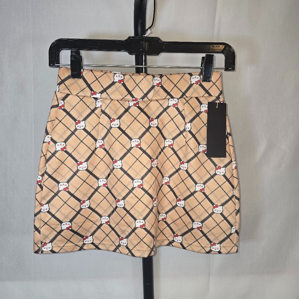 Beige Hello Kitty Anime Style print Plaid Mini Skort